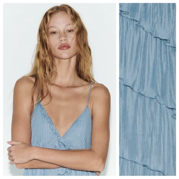 🌹NWT. Zara Light Blue Pleated Asymmetric V-Neck Mini Dress. Size L. - Picture 3 of 13